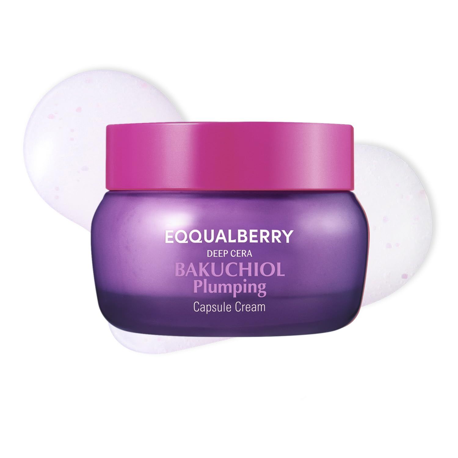 Lila Tiegel mit EQQUALBERRY Deep Cera Bakuchiol Plumping Capsule Cream und pinkem Deckel.