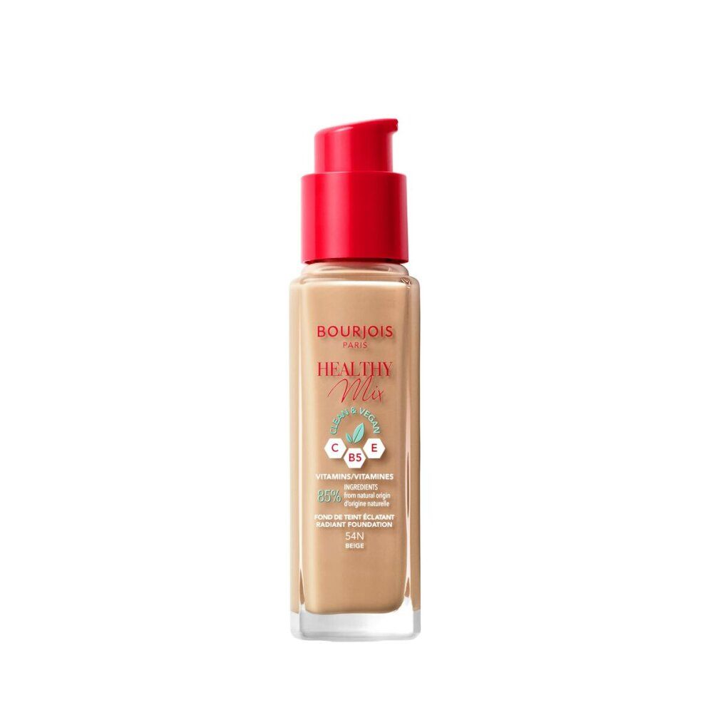 Make-up-Fläschchen mit rotem Pumpverschluss. Aufschrift: Bourjois Healthy Mix. Farbton: 54-Beige. Auf hellem Hintergrund.