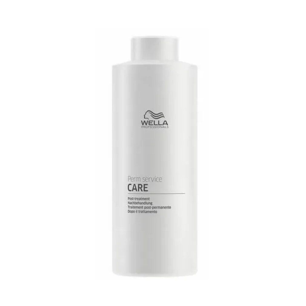 Weiße Flasche mit Wella-Logo und Text: Perm Service CARE. Post-treatment. Nachbehandlung. Trattamento post-permanente. Dopo il trattamento.