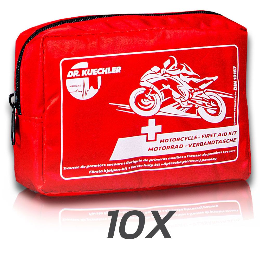 Rote Erste-Hilfe-Tasche mit weißem Aufdruck. Aufdruck: Motorrad, Kreuz, Schriftzug. DIN 13167. Schwarzer Reißverschluss.