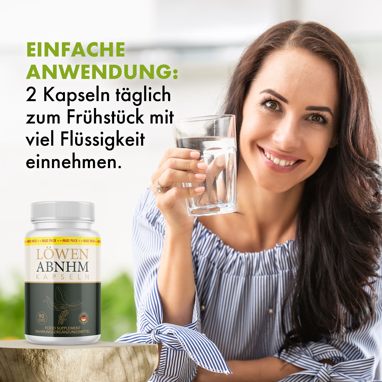 Frau trinkt Wasser neben Dose LÖWEN ABNEHM KAPSELN. Text: Einfache Anwendung: 2 Kapseln täglich.