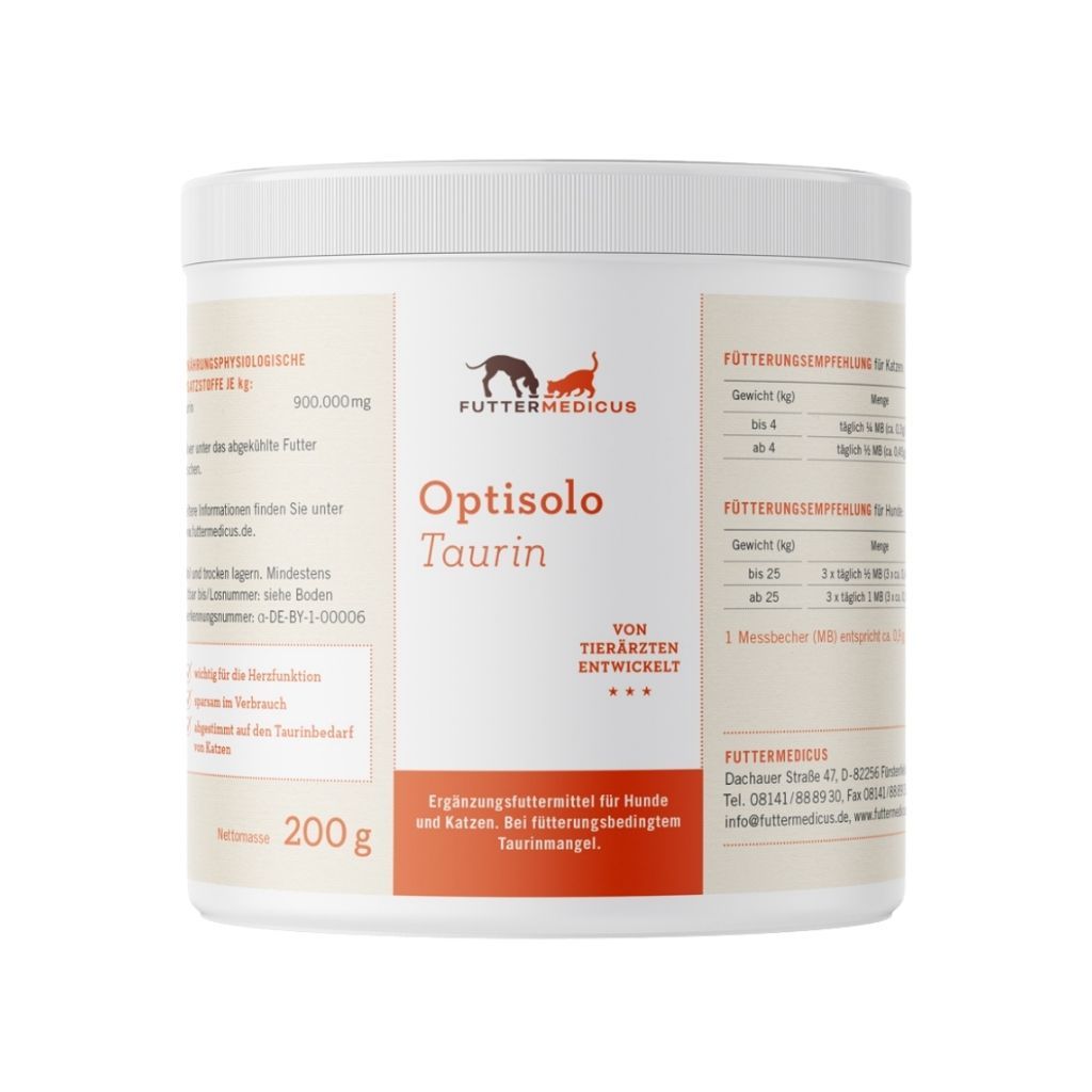 Weiße Dose mit Aufschrift Optisolo Taurin. Logo Futtermedicus. Ergänzungsfuttermittel für Hunde und Katzen. 200g.