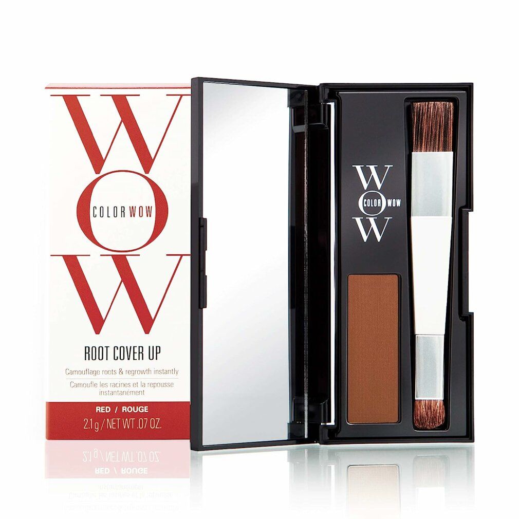 Schwarze Kompakt-Palette mit Spiegel, Puder in Rotbraun und Pinsel. Verpackung mit Logo und Produktname.