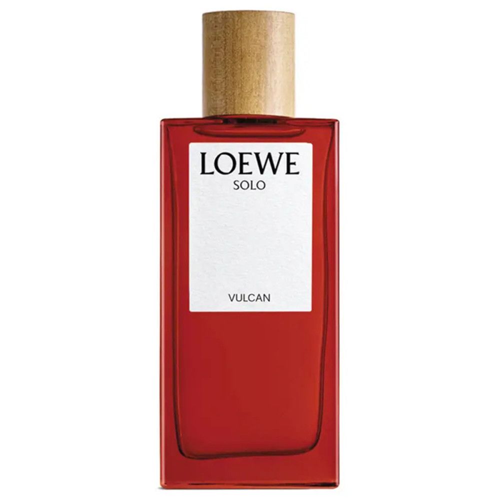 Roter Flakon mit Holzverschluss. Aufschrift: LOEWE SOLO VULCAN. Rechteckige Form.