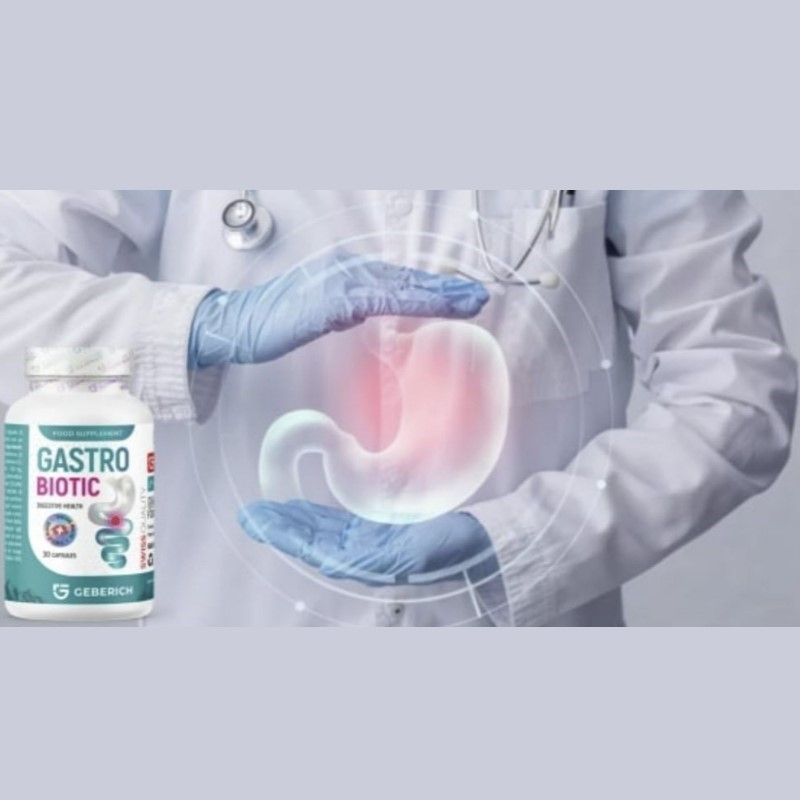 Eine Flasche GastroBiotic neben einer Illustration des menschlichen Magens, gehalten von Händen eines Arztes.