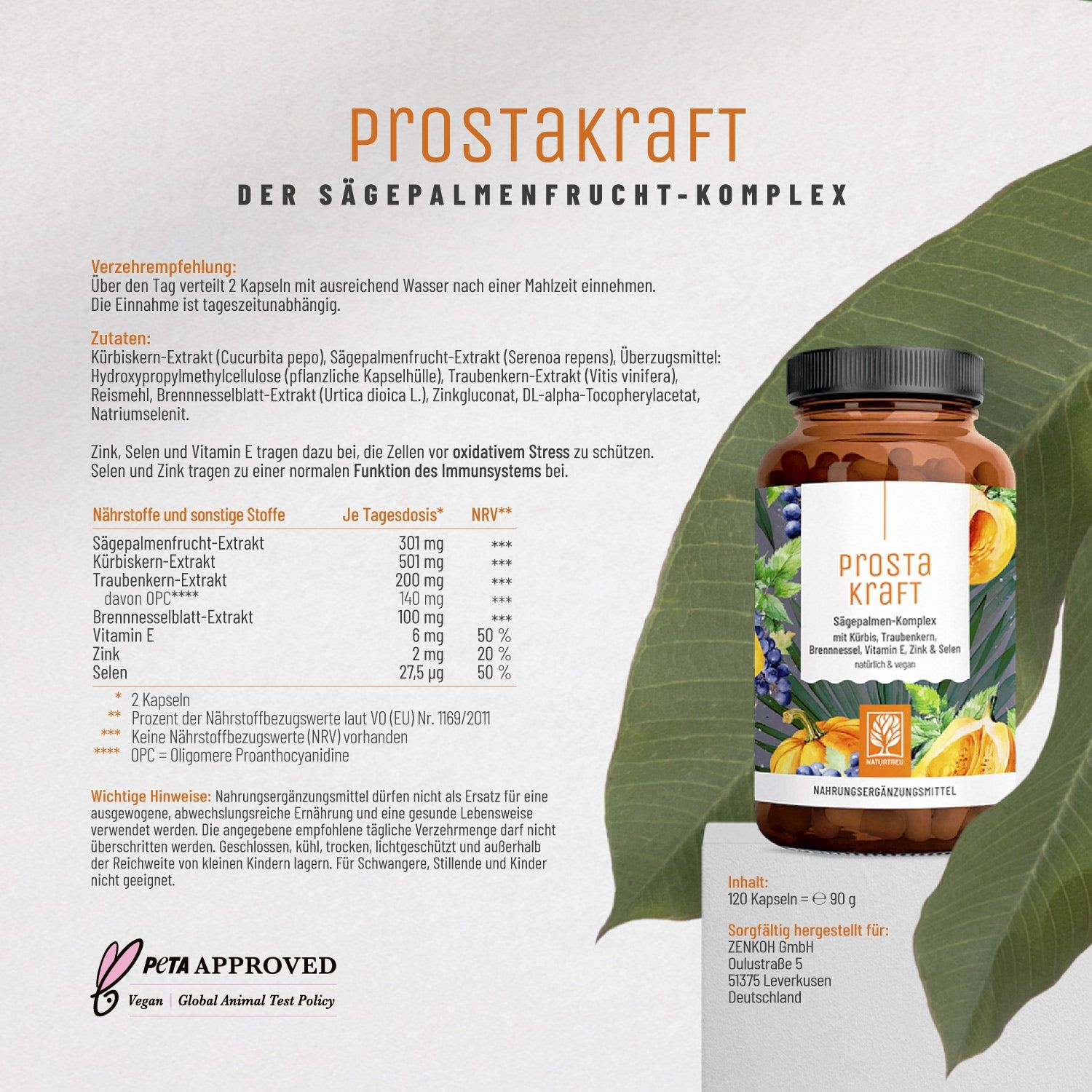 PROSTAKRAFT-Produkt. Braune Dose mit Etikett. Inhaltsstoffe und Verzehrempfehlung. PETA-Logo. Naturtreu Logo.