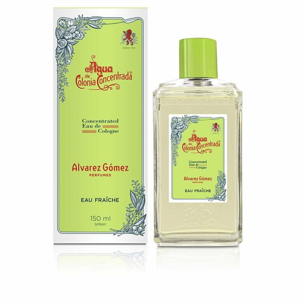 Alvarez Gómez Eau de Cologne Flakon und Schachtel. Grün-weißes Etikett, grüne Kappe. Aufschrift: Eau Fraîche.