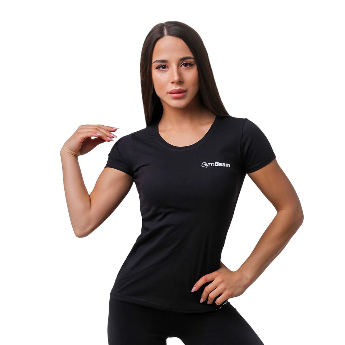Schwarzes GymBeam Damen-T-Shirt mit Rundhalsausschnitt und kurzen Ärmeln, getragen von einem Model.