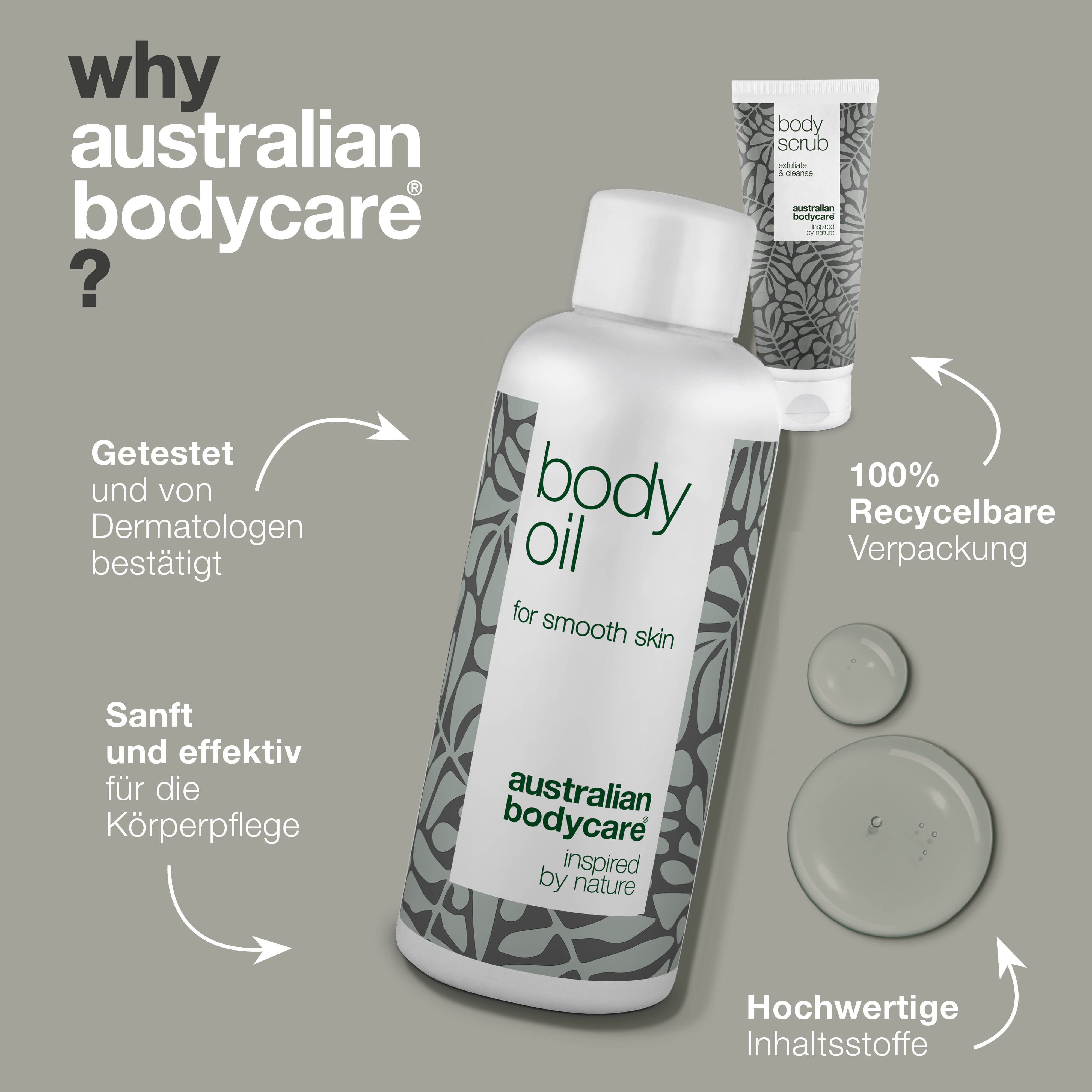 Warum Australian Bodycare? Produkte und Vorteile. Aufschrift: Body Oil, Body Scrub, Australian Bodycare.