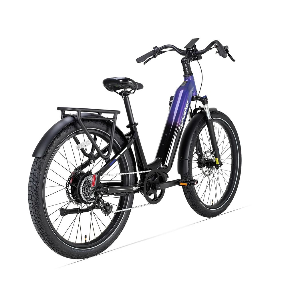 E-Bike CYRUSHER Grace, schwarz-blau, von hinten. Gepäckträger, Schutzbleche, Scheibenbremsen und Reifen.
