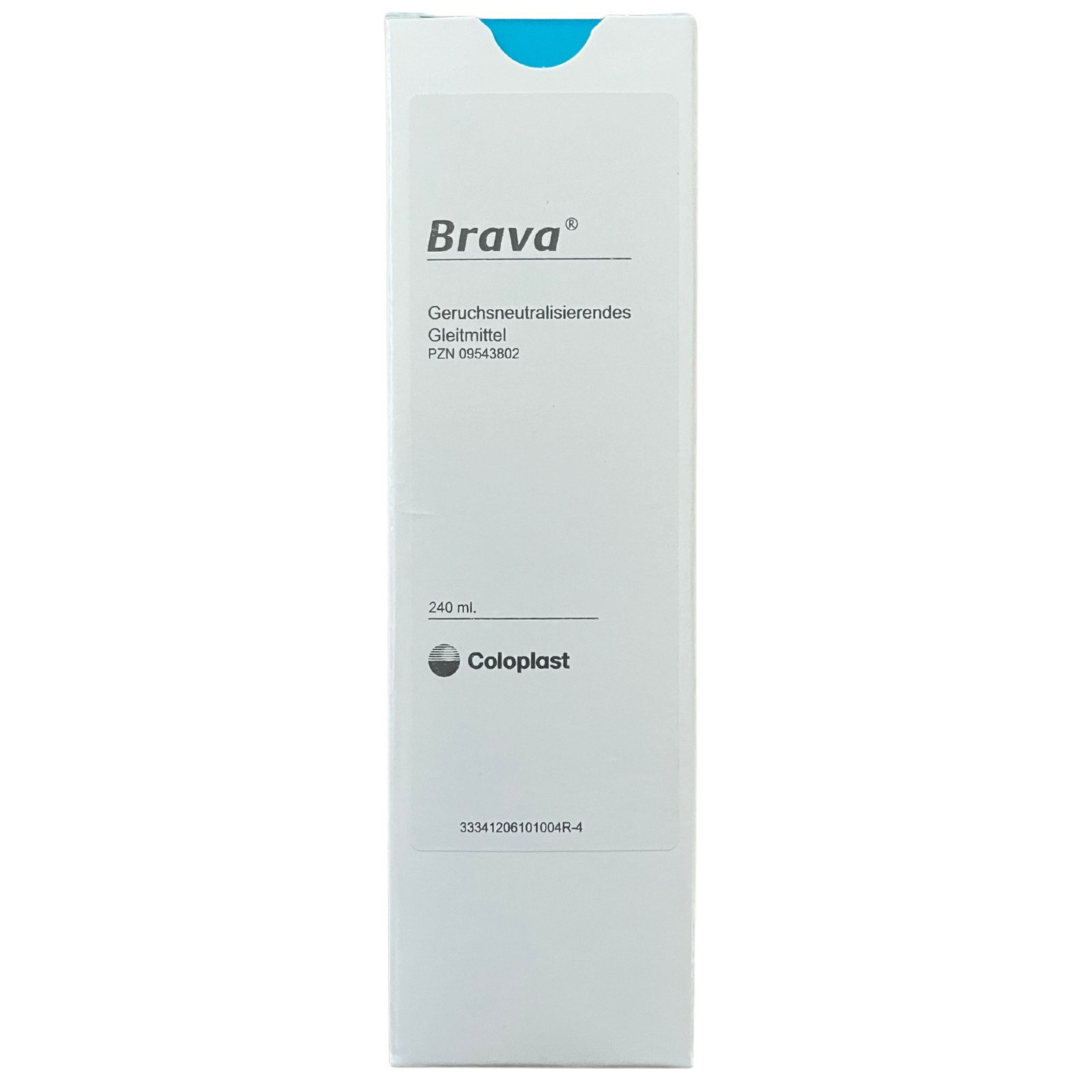 Brava Geruchsneutralisierendes Gleitmittel, weiße Verpackung mit blauem Akzent. Coloplast-Logo. 240 ml.