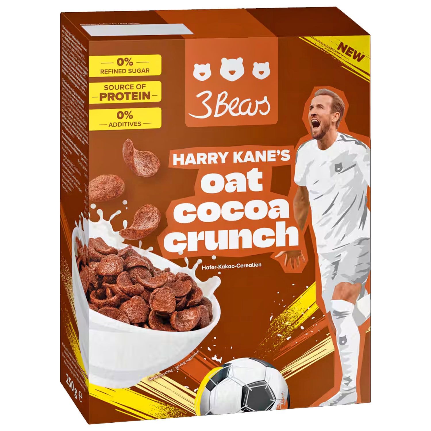 Verpackung von 3Bears Harry Kane's Oat Cocoa Crunch. Braune Schachtel mit Produktabbildung, Fußballspieler und Produktnamen.