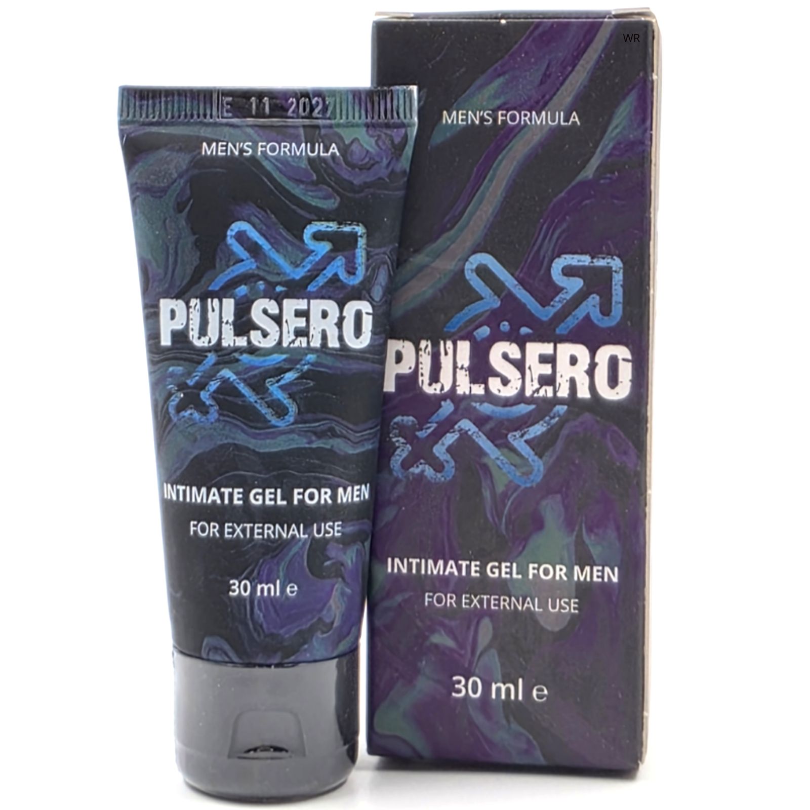Tube und Verpackung nebeneinander. Beide zeigen "PULSERO"-Logo und Text "INTIMATE GEL FOR MEN". Volumen: "30 ml e".