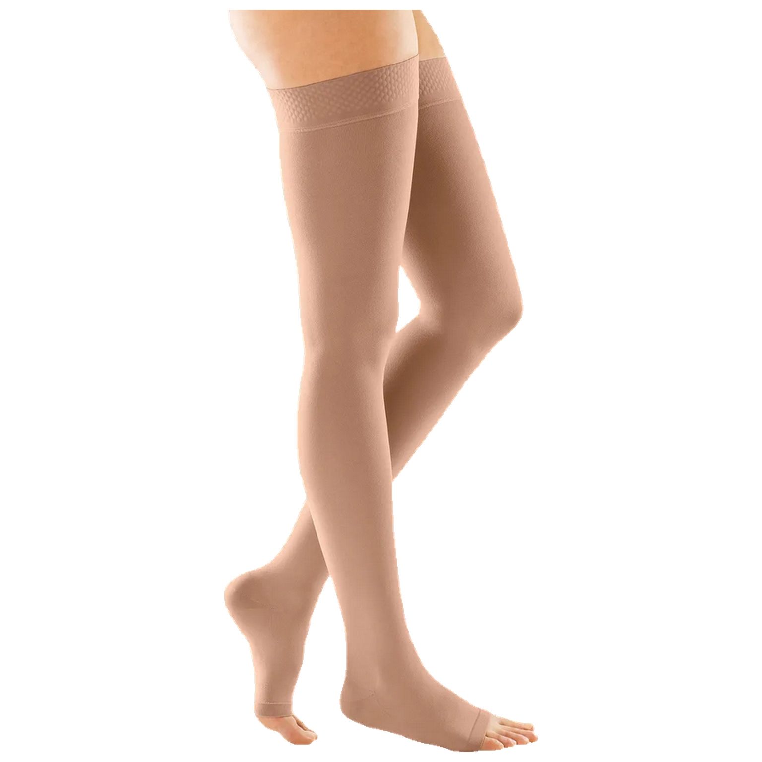 Beige Kompressionsstrümpfe, offen an den Zehen, am Bein einer Person getragen. Feine Spitze am oberen Rand.