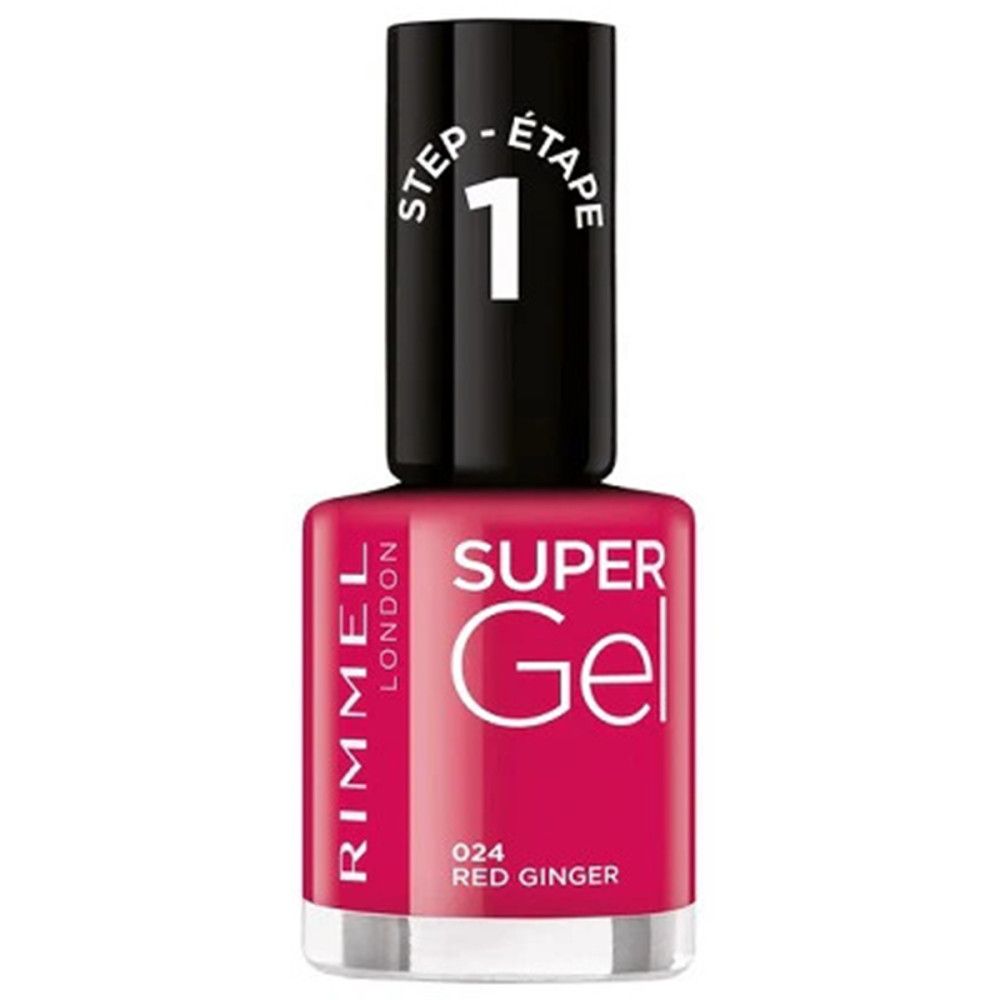 Rimmel Super Gel Nagellack, rot. Schwarzer Deckel mit weißer Aufschrift. Aufschrift: Super Gel, 024 Red Ginger.