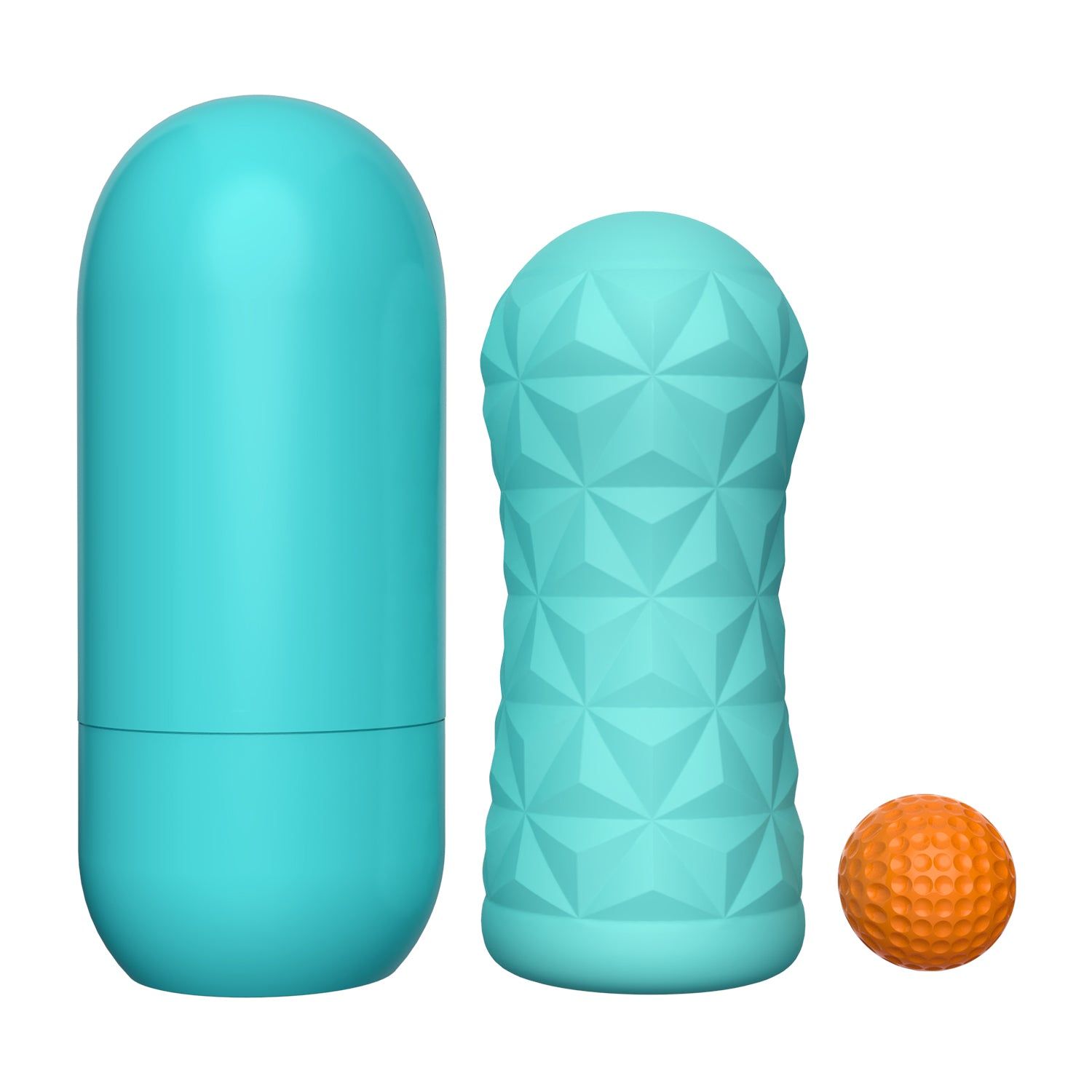 Türkisfarbene Hülle, ein strukturiertes Element und ein orangefarbener Ball. Alle drei Elemente sind auf weißem Hintergrund.