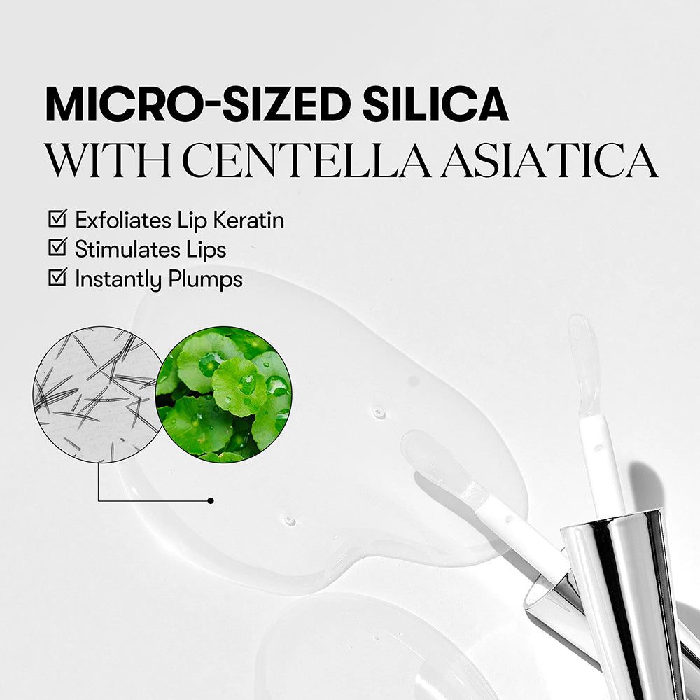 Text: Micro-Sized Silica with Centella Asiatica. Eigenschaften: Exfoliates Lip Keratin, Stimulates Lips, Plumps.