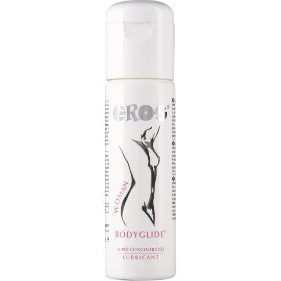Weiße Flasche mit Klappverschluss. Aufschrift: EROS, BODYGLIDE, WOMAN, Abbildung einer Frau. Produktname und weitere Informationen.