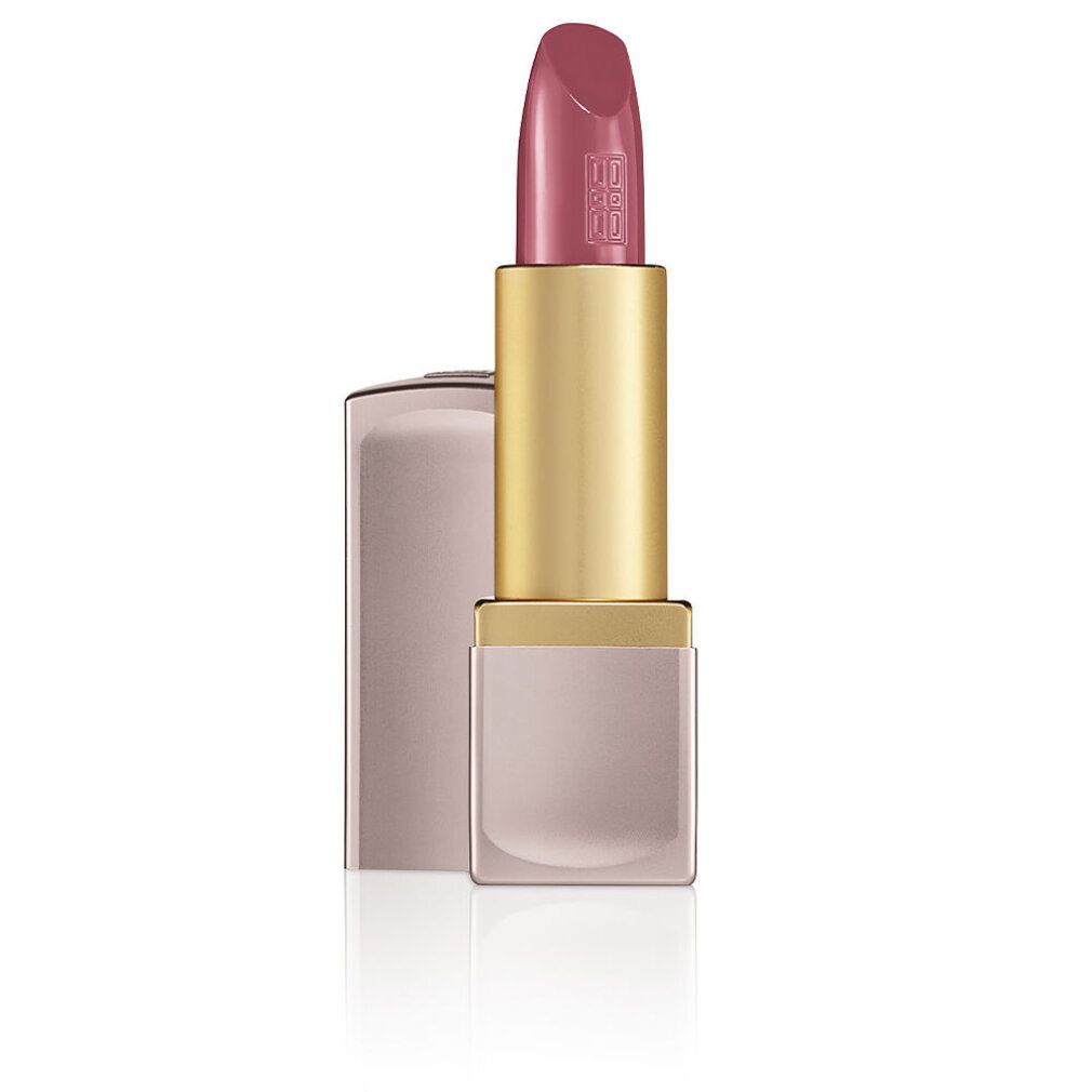 Lippenstift mit rosafarbenem Stift und goldfarbener Hülse. Der Deckel ist geöffnet.