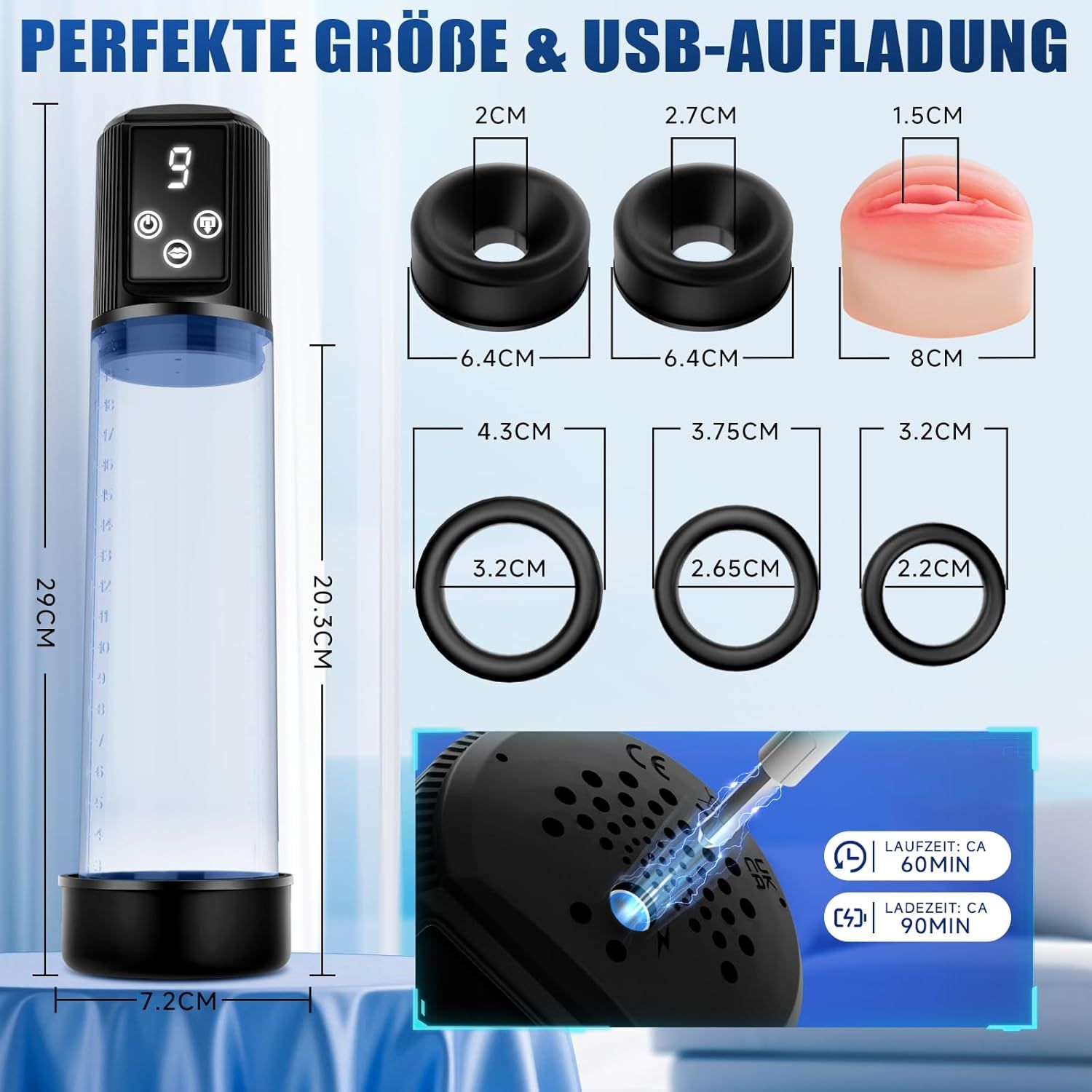 Vakuumpumpe mit digitalem Display, Maße: 29 cm hoch, 7,2 cm breit. Zubehör: Ringe, Aufsätze.