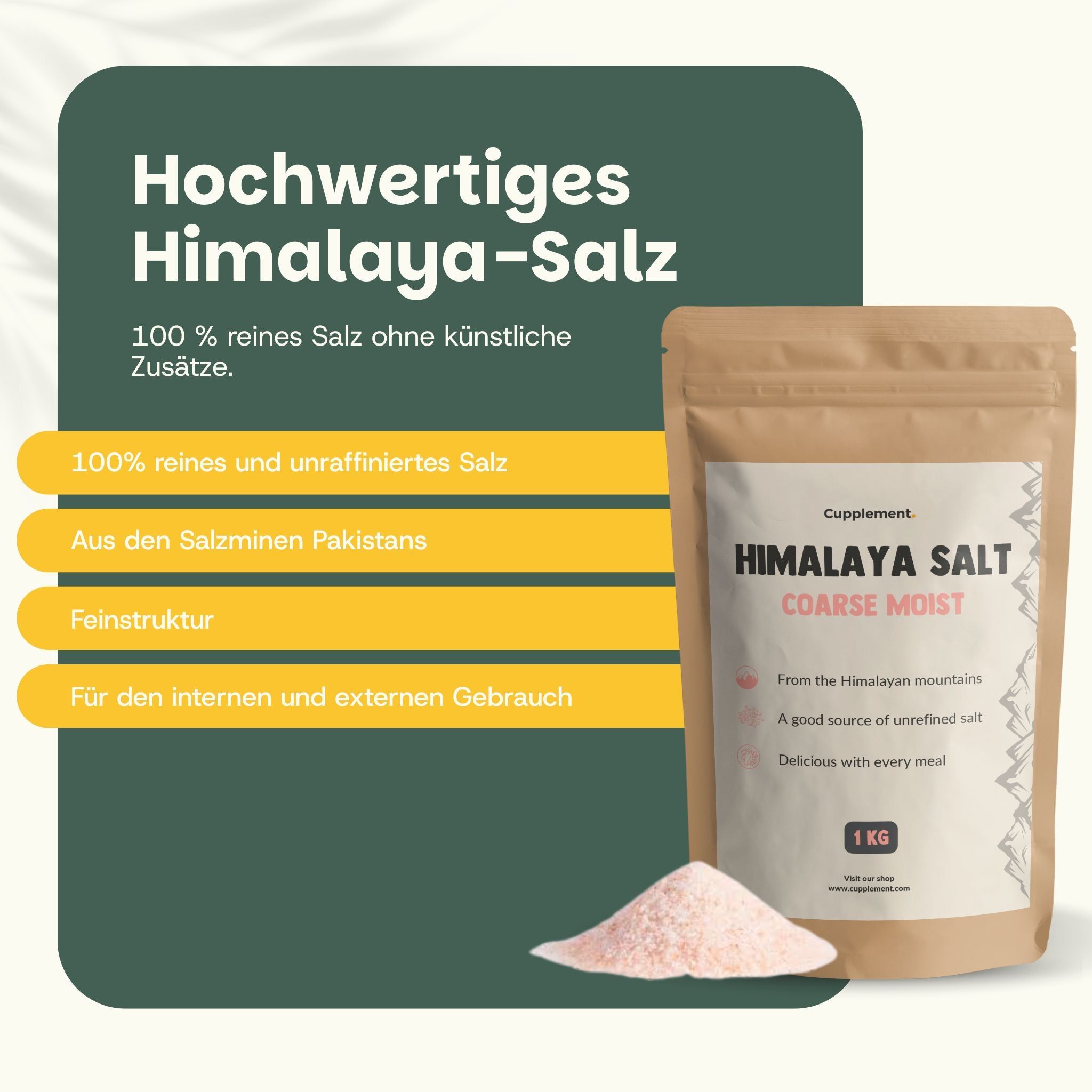 Beutel mit Himalaya-Salz, grob, feucht. Text: Cupplement, Himalaya Salt, 1 kg. 100% reines Salz ohne künstliche Zusätze.