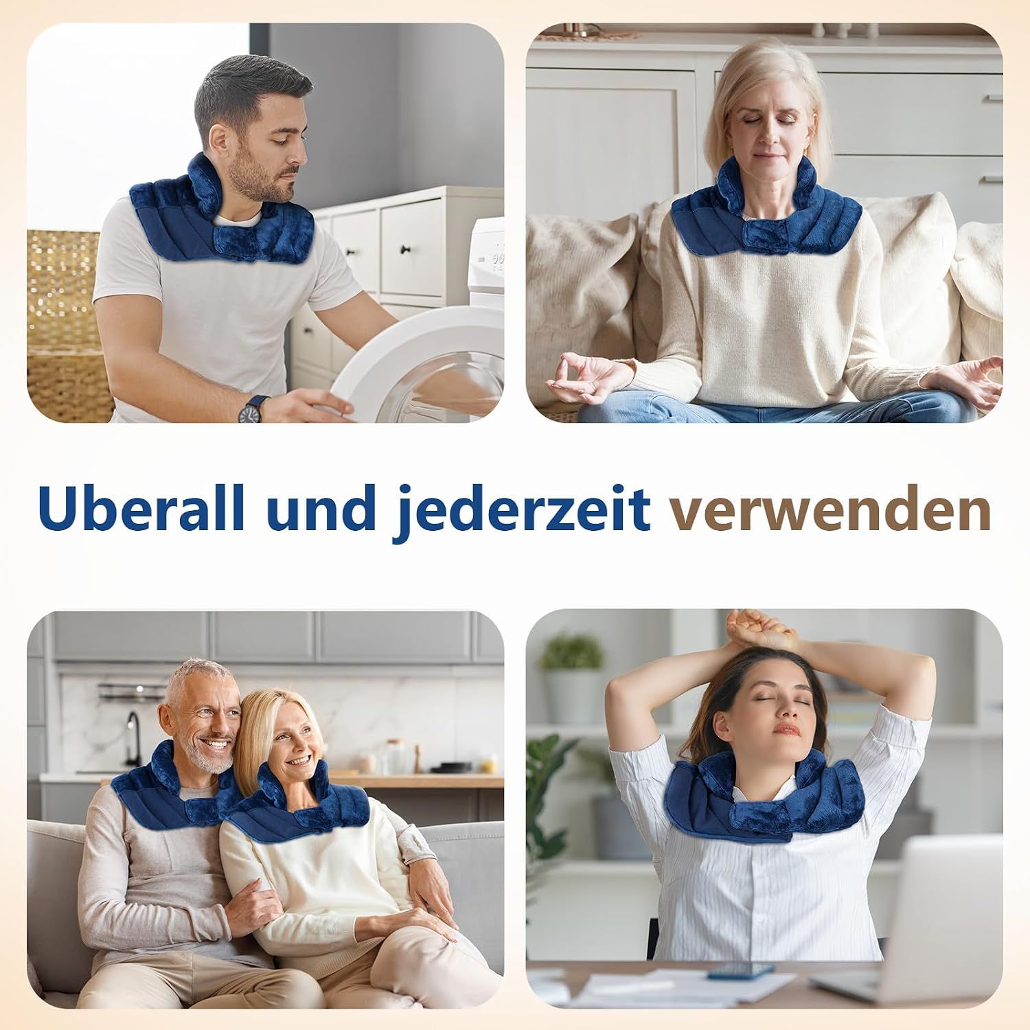 Vier Szenen, die verschiedene Personen zeigen, die ein blaues Nackenkissen in verschiedenen Situationen tragen.