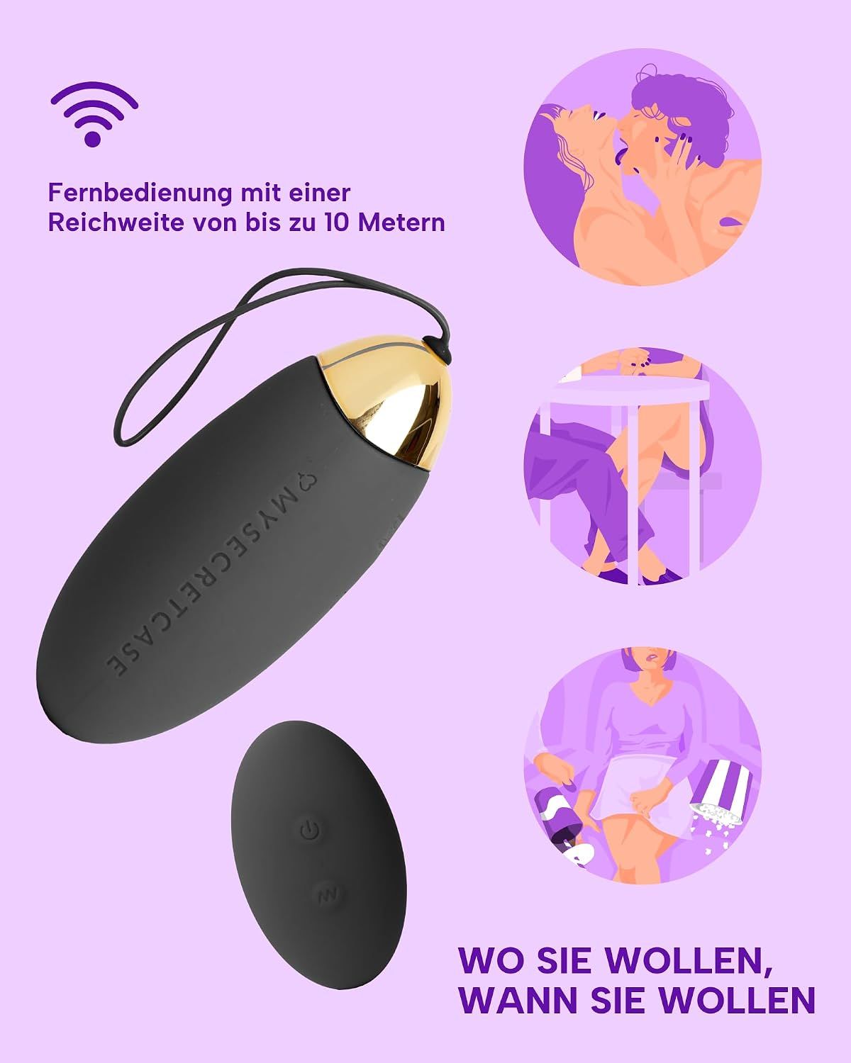 Schwarzer Vibrator mit Fernbedienung (Reichweite 10m) und Anwendungsbeispielen.