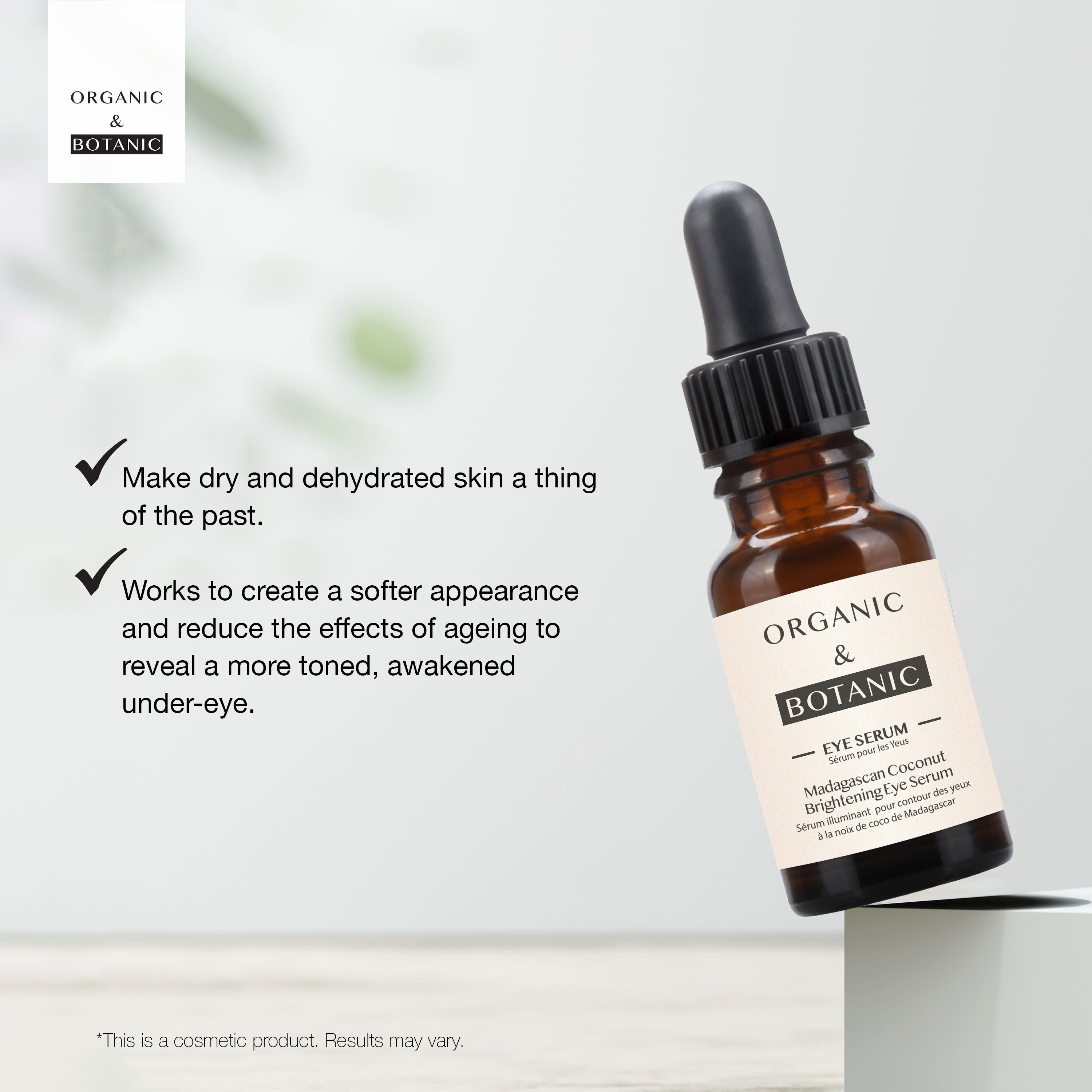 Braune Glasflasche mit Tropfer. Auf dem Etikett steht "Organic & Botanic EYE SERUM".