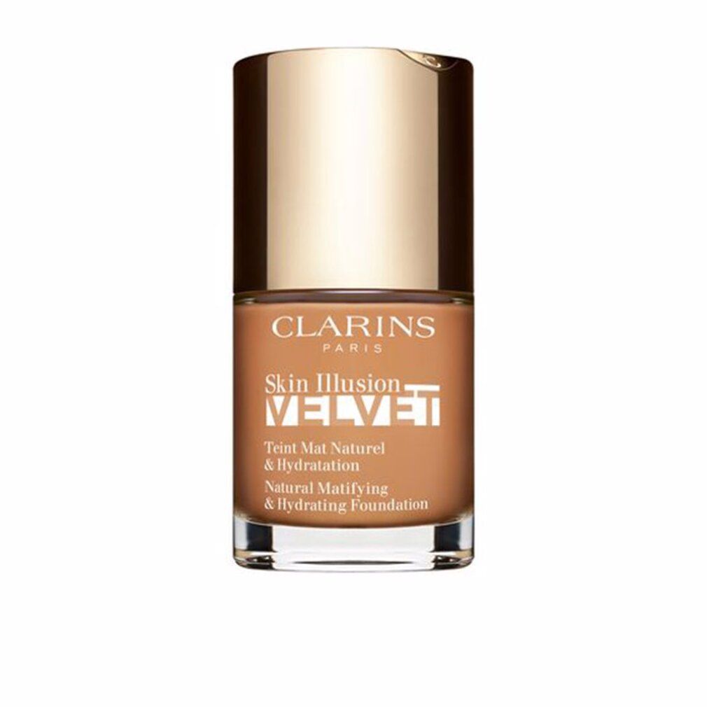 Clarins Skin Illusion Velvet Foundation. Goldfarbener Deckel, braune Flüssigkeit. Text: Natural Matifying & Hydrating Foundation.