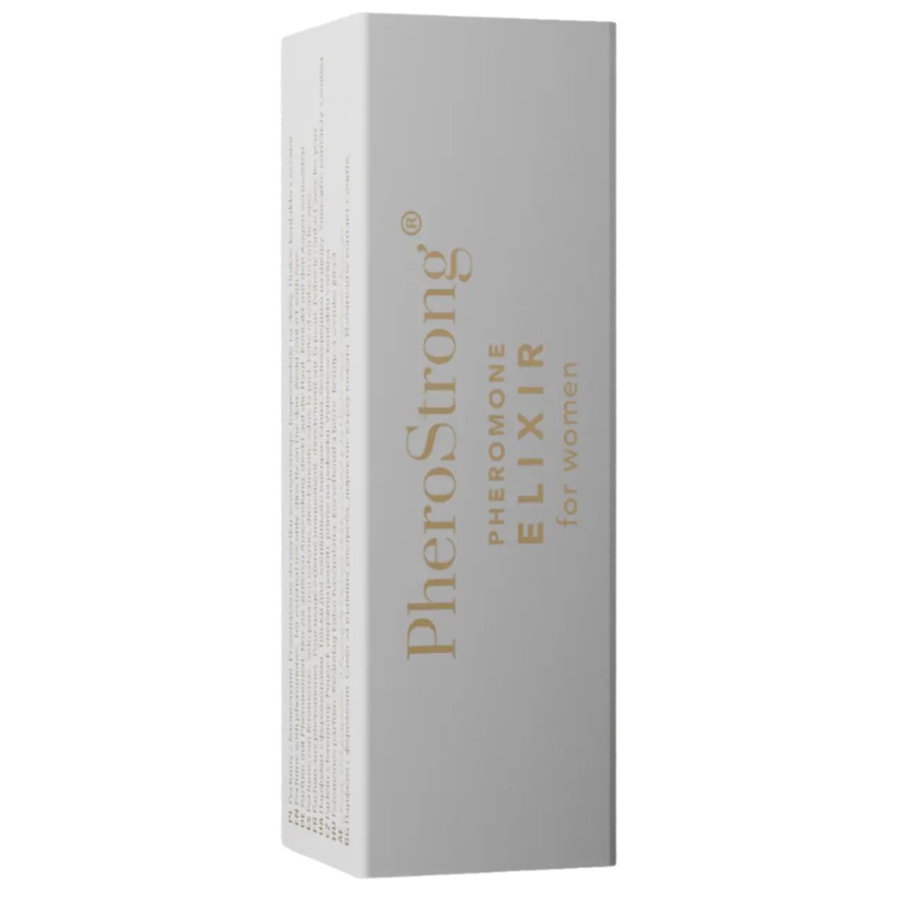 Weiße rechteckige Verpackung. Aufschrift "PheroStrong Elixir for women". Text auf der Seite.
