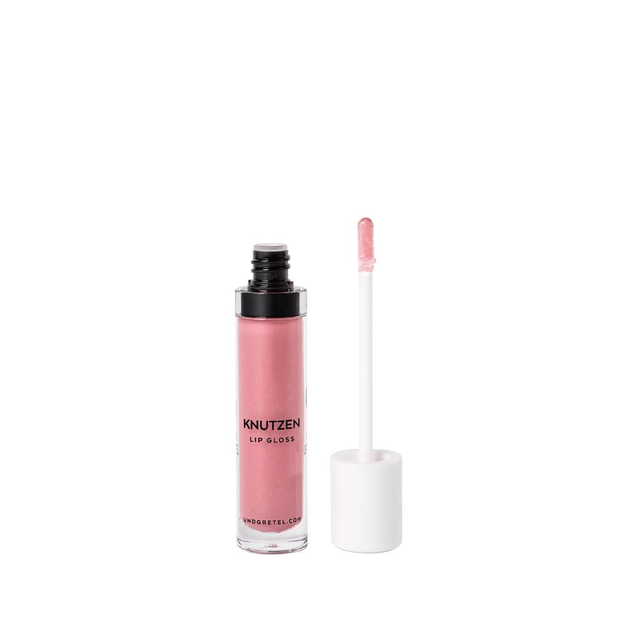 Lipgloss-Flakon mit Applikator. Rosa Inhalt, schwarzer Deckel, weißer Applikator.