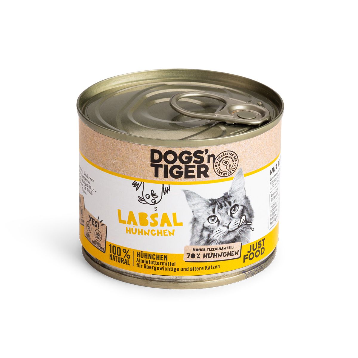 Eine Dose Katzenfutter mit dem Etikett "LABSAL" und "DOGS'N TIGER".