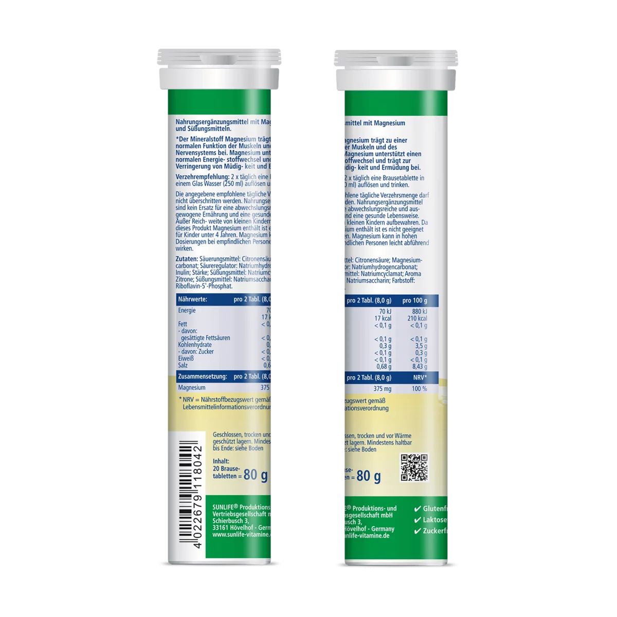 Zwei Seiten einer Tube Sunlife Magnesium Brausetabletten. Aufschriften: Nährwertangaben, Inhaltsstoffe, 20 Brausetabletten, 80 g.
