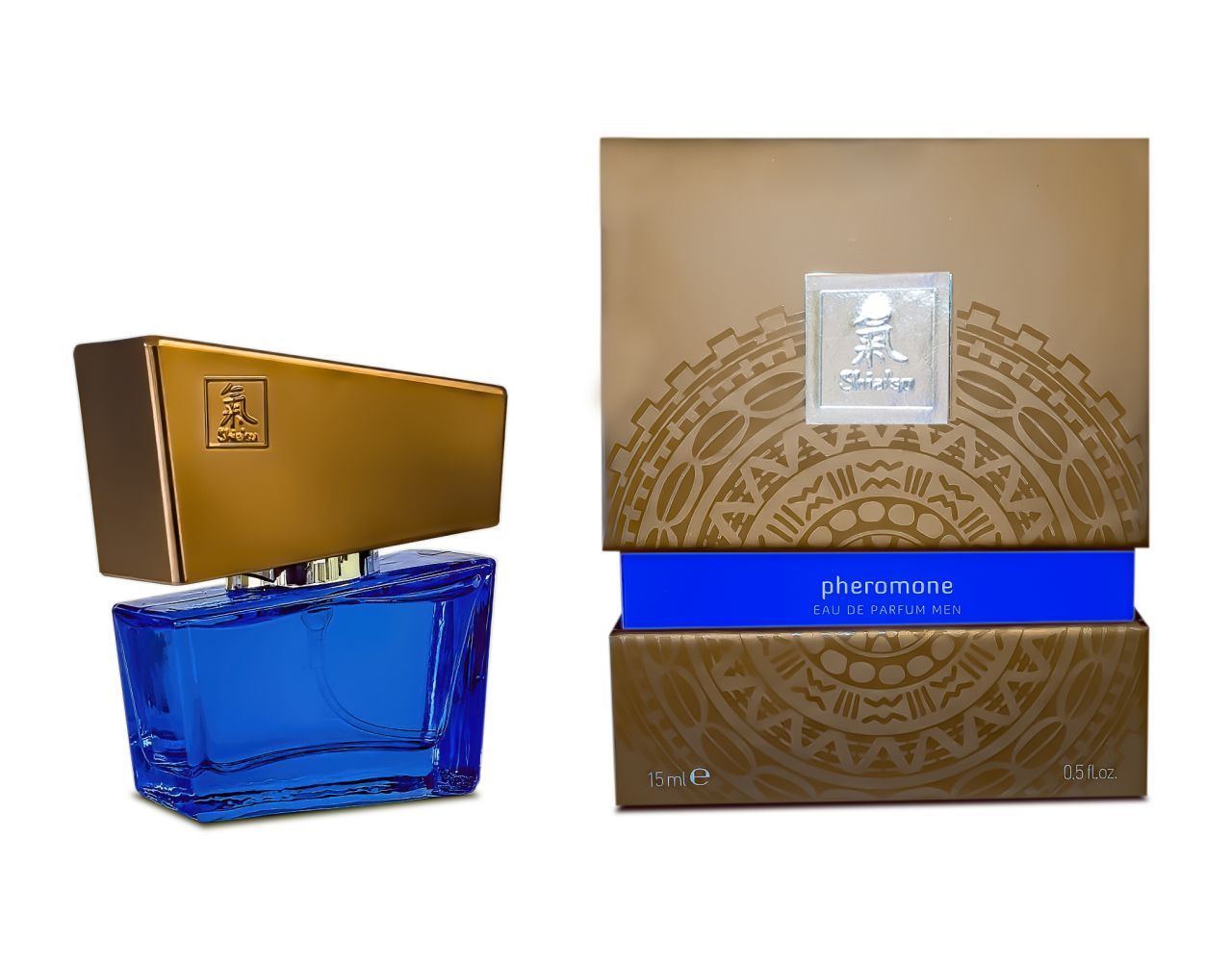 Blaue Glasflasche und Verpackung. Aufschrift: Pheromone Eau de Parfum Men. Goldener Deckel.