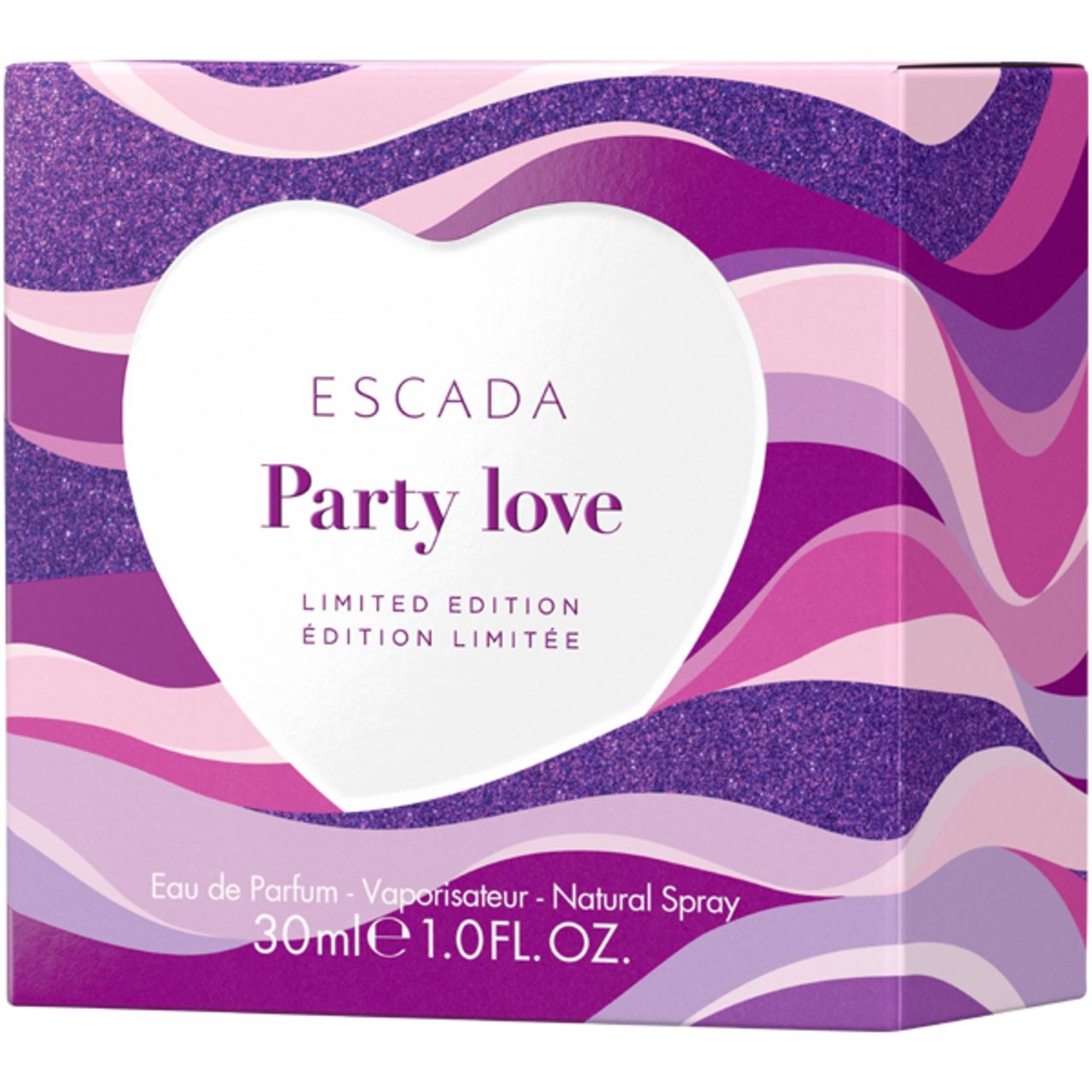 Schachtel mit ESCADA Party Love, Limited Edition. Herzförmiges Design, lila und rosa.