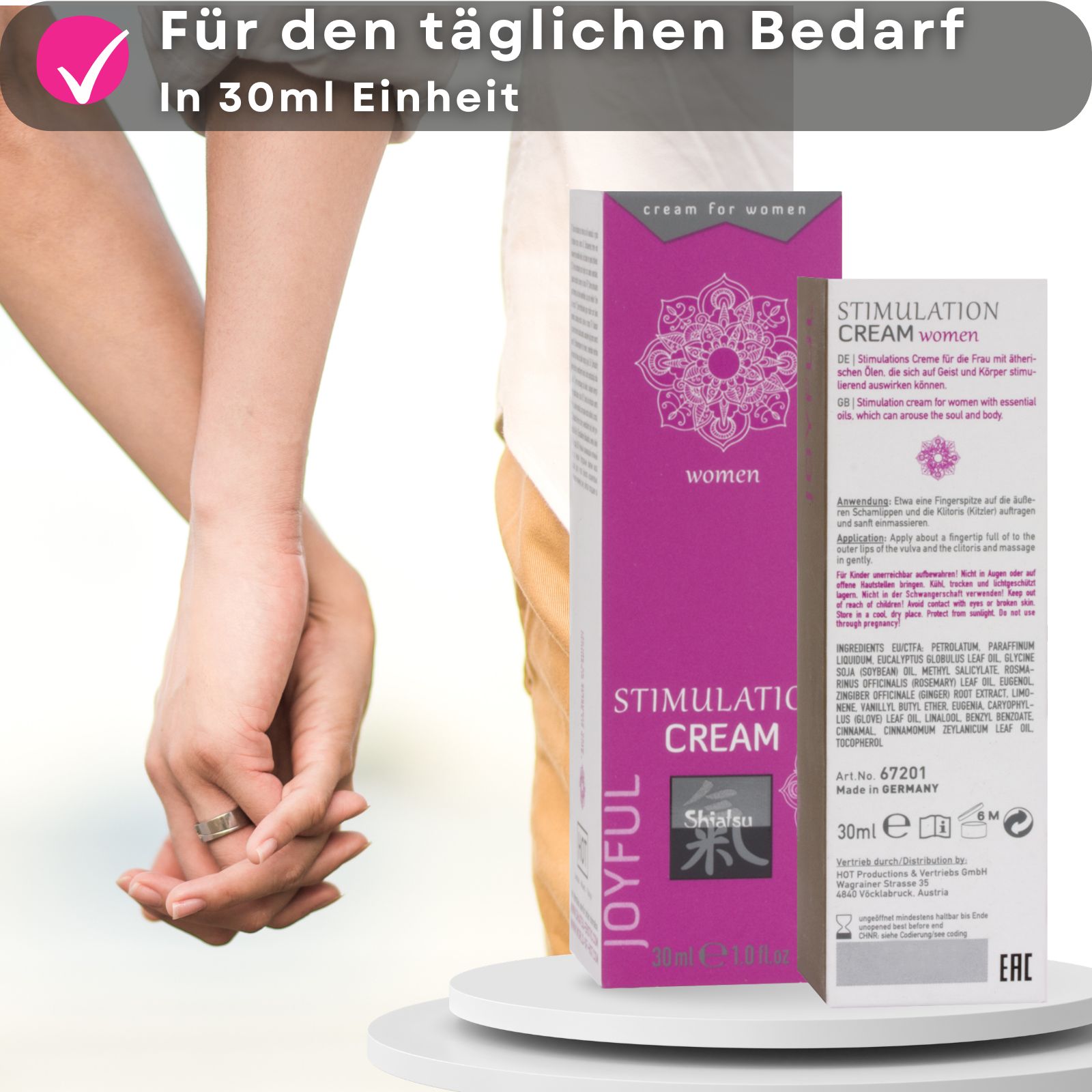 Paar im Hintergrund. Schachtel und Tube. Text: Stimulation Cream, Shiatsu, Joyful, 30ml.