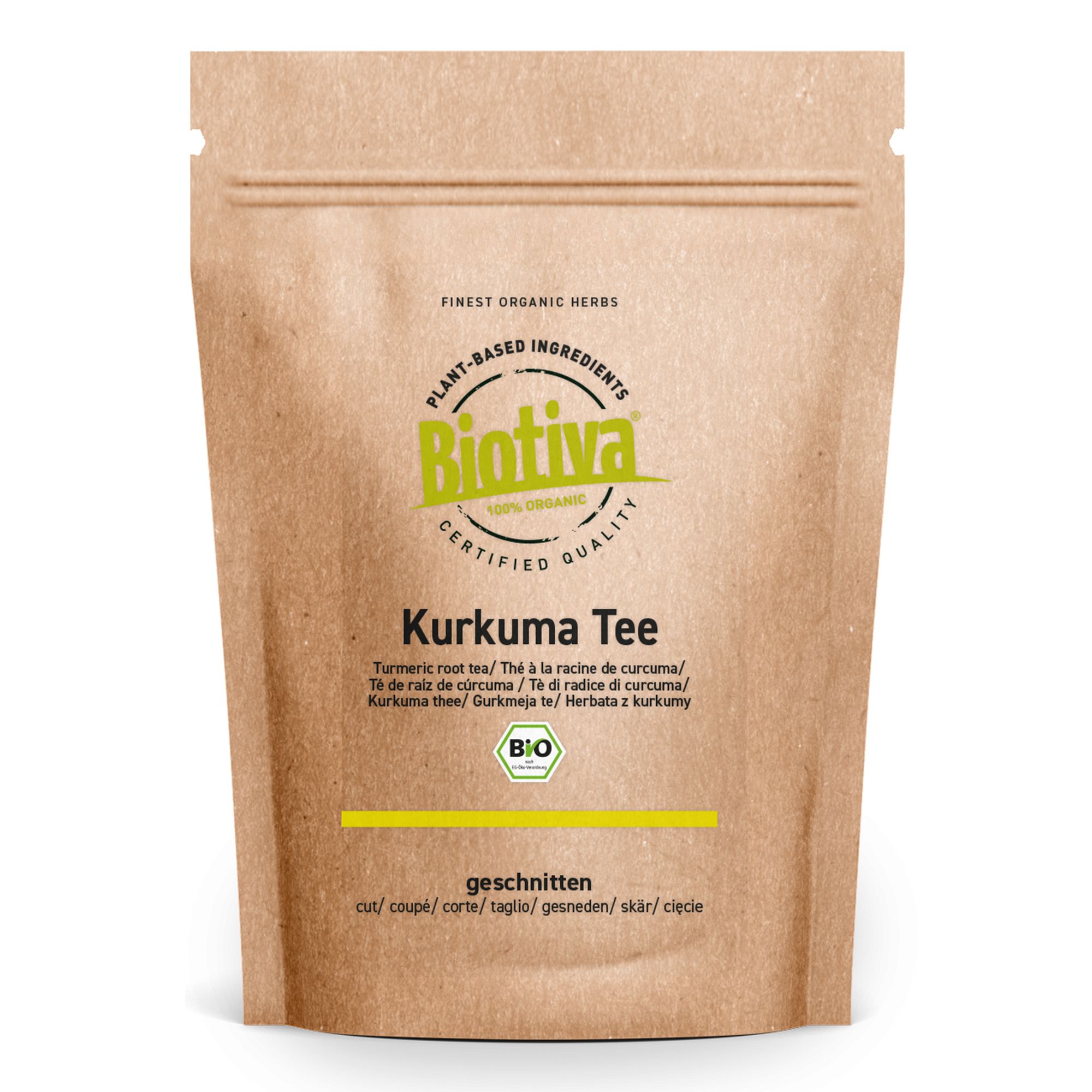 Beutel mit Kurkuma Tee. Braune Papierverpackung mit Aufdruck. Logo und Schriftzug 'Biotiva'. 'Kurkuma Tee' und 'Bio' Siegel.