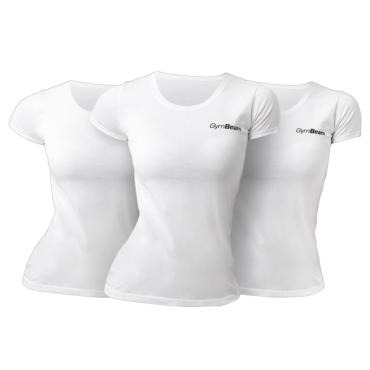 Drei weiße Basic T-Shirts für Damen, kurzärmelig, mit GymBeam-Logo.