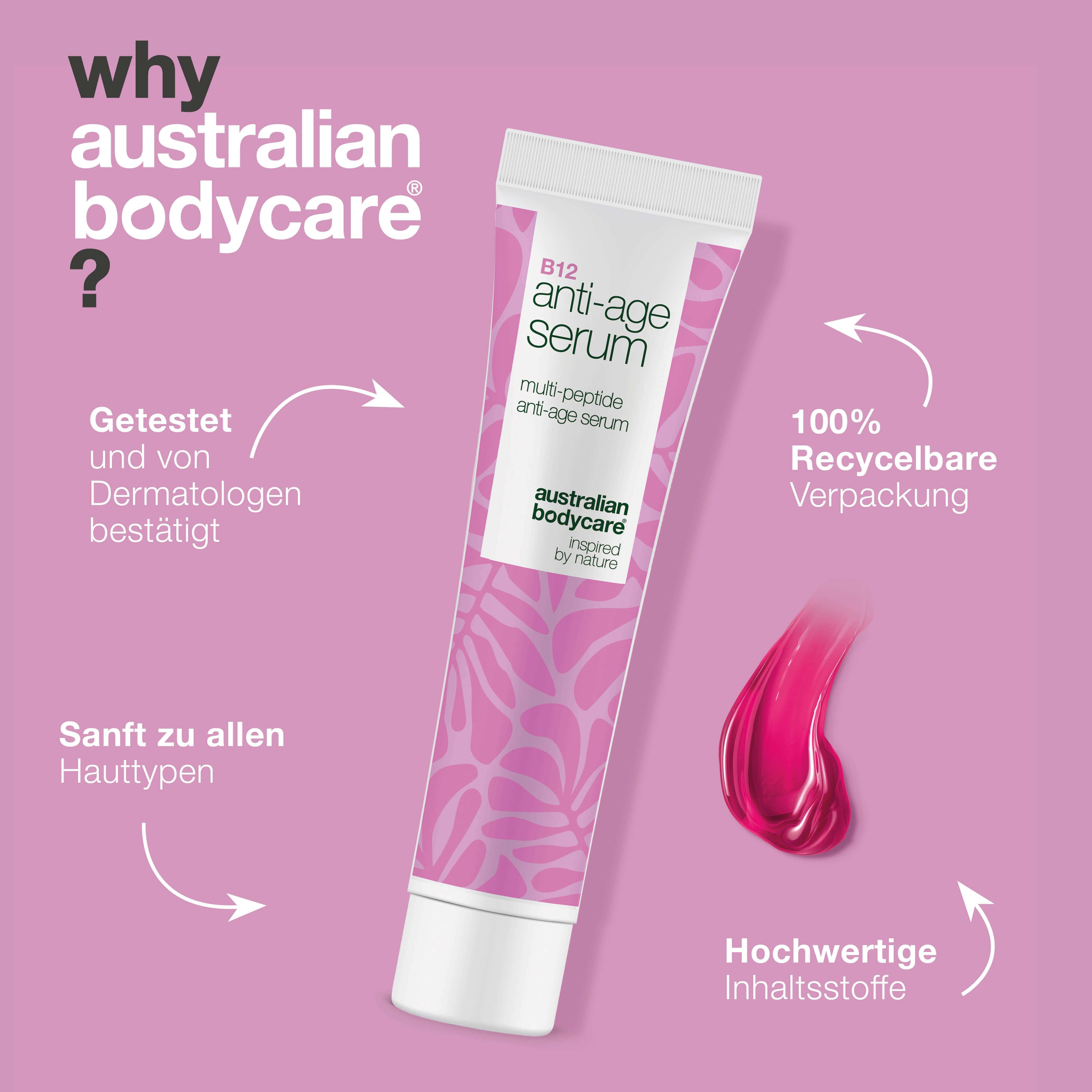 Tube Serum. Aufschrift: B12 Anti-Age Serum, Australian Bodycare. Rosa Tropfen. Text: Dermatologisch getestet, recyclebar.