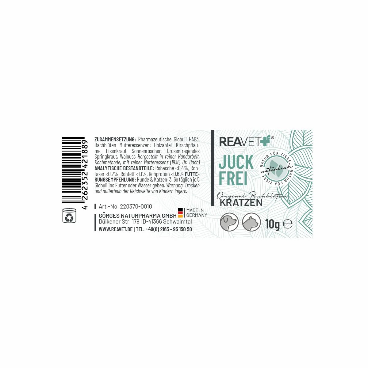 Rückseite einer Flasche mit Produktinformationen, Barcode und "MADE IN GERMANY".