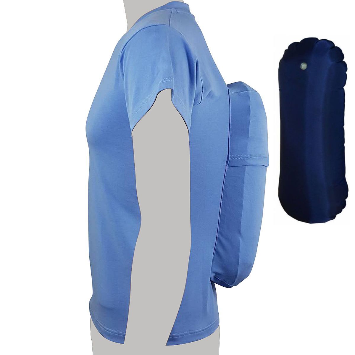 Blaues Shirt mit aufblasbarem Rückeneinsatz. Seitenansicht. Separater, aufblasbarer Zylinder.