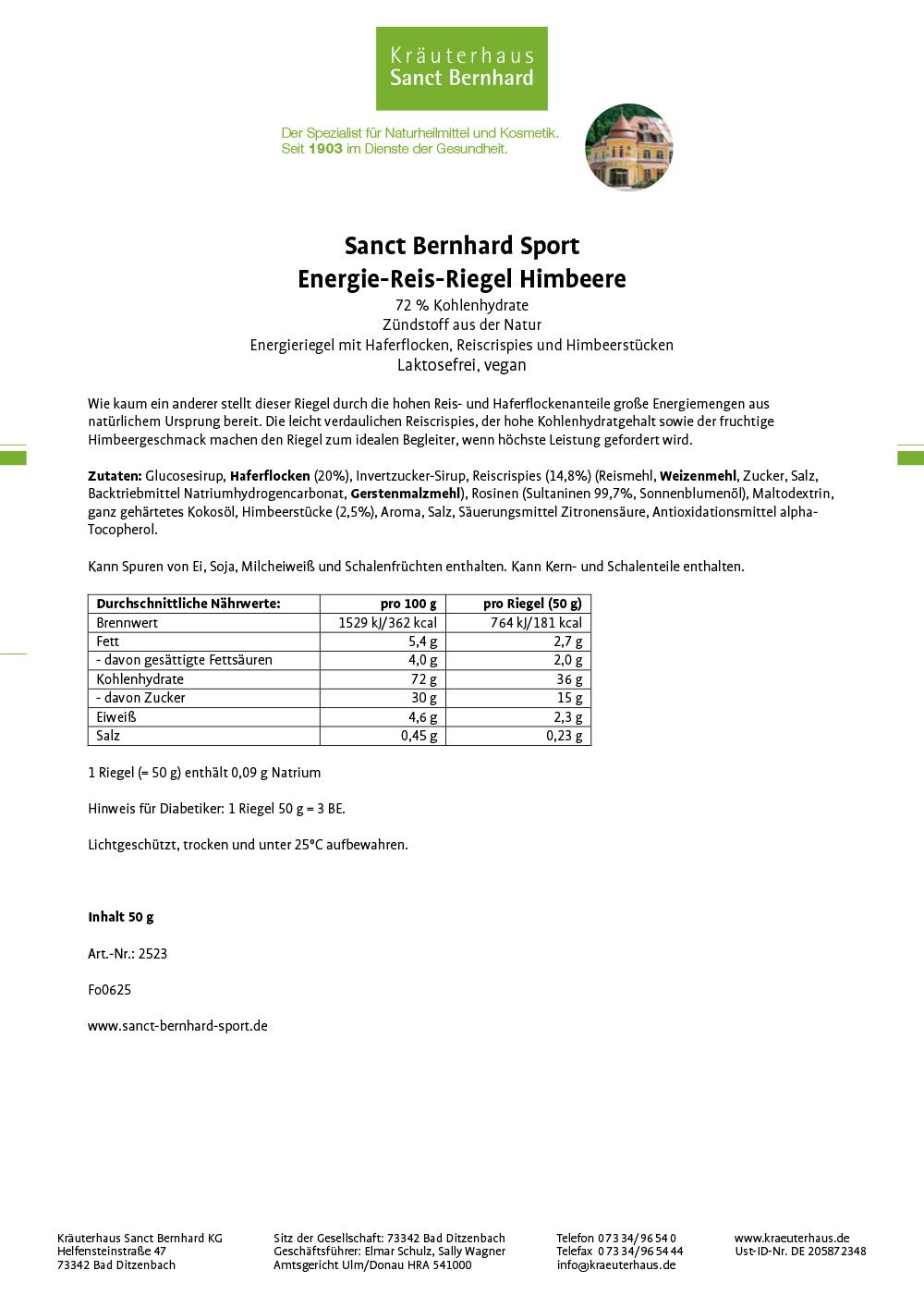 Verpackungsdetailseite für Sanct Bernhard Sport Energie-Reis-Riegel Himbeere mit Nährwertangaben.