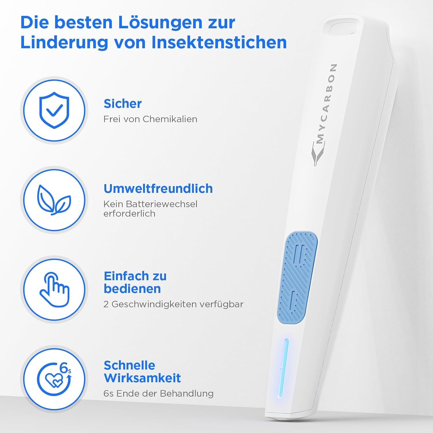 Weißer Insektenstichheiler mit blauem Knopf. Text: Sicher, Umweltfreundlich, Einfach zu bedienen, Schnelle Wirksamkeit. MYCARBON-Logo.