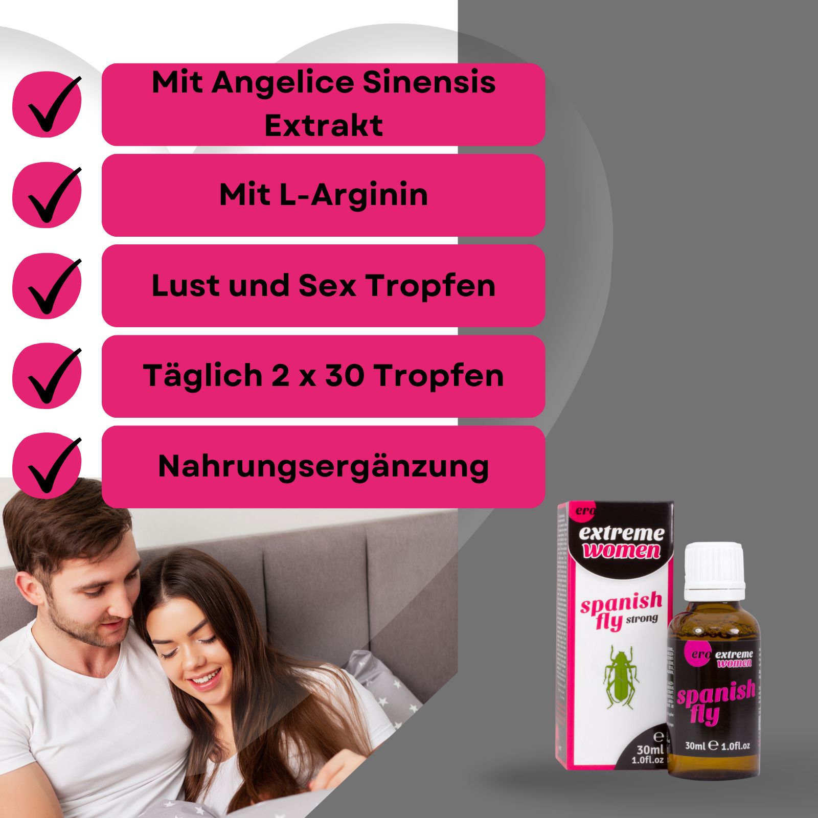 Paar im Bett. Produkt und Verpackung. Aufschrift: Spanish Fly strong. Logo: Ero Extreme Women. Checklisten.