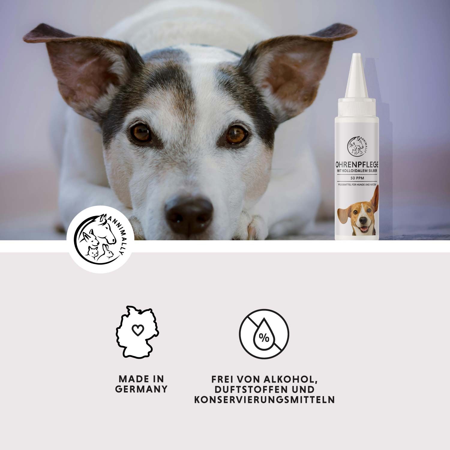 Produktflasche mit Text: Ohrenpflege mit kolloidalem Silber 50 PPM. Logo mit Tierabbildungen. Made in Germany.