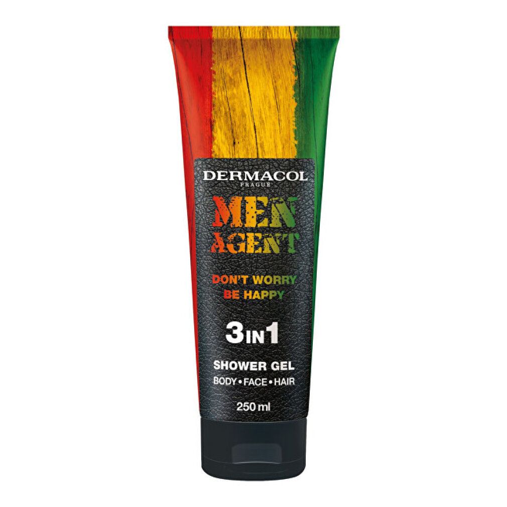 Duschgel-Tube mit rot-gelb-grünem Design. Schwarzer Deckel. Text: Dermacol, Men Agent, 3in1, Shower Gel, 250 ml.