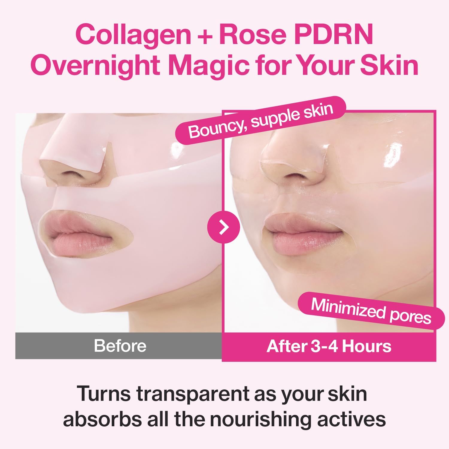 Vergleichsbild: Gesicht mit Maske, dann Gesicht ohne Maske. Text: "Collagen + Rose PDRN Overnight Magic for Your Skin".