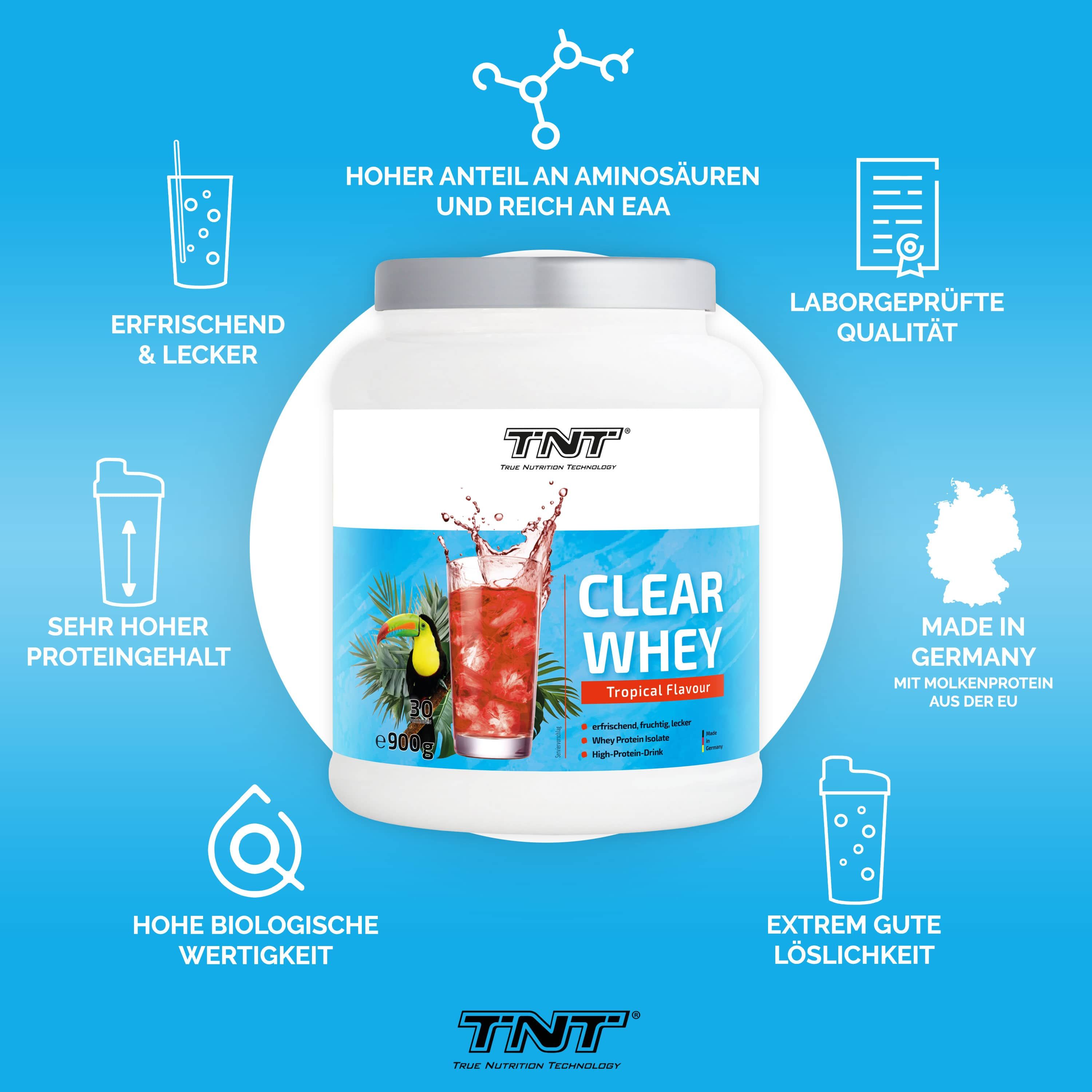 TNT Clear Whey Dose, umgeben von Icons. Enthält Informationen über Aminosäuren, Qualität und Löslichkeit.
