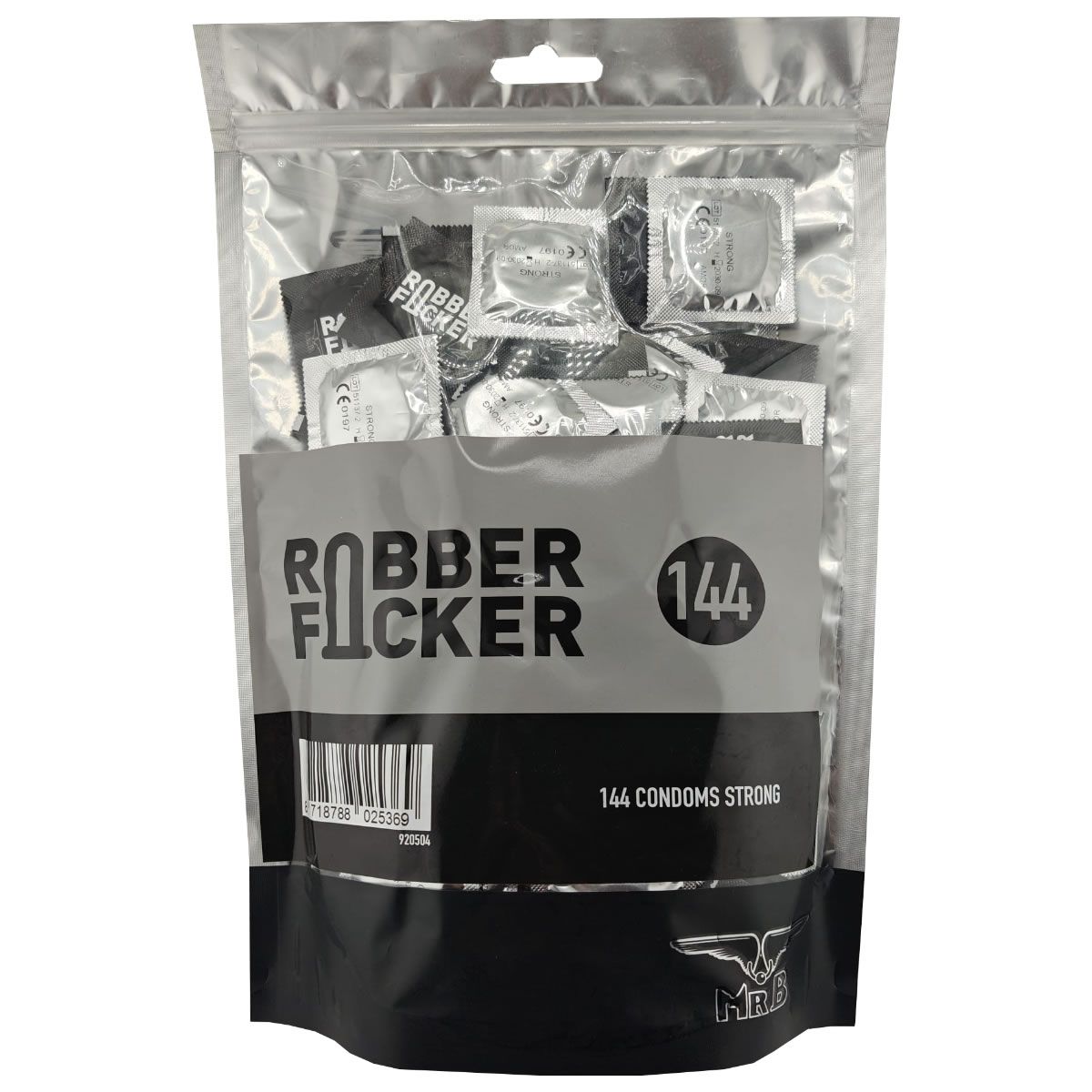 Verpackung mit 144 Kondomen, Marke Mister B, Modell Rubber Focker.