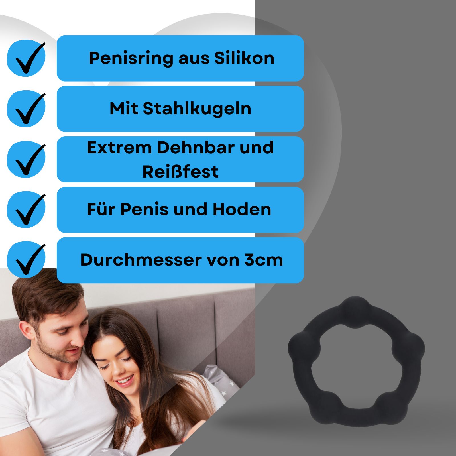 Schwarzer Penisring mit Stahlkugeln. Text auf blauem Hintergrund: Penisring aus Silikon, dehnbar, für Penis und Hoden, 3cm Durchmesser.